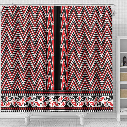 New Zealand Maori Niho Taniwha Shower Curtain Whero Mangopare and Puhoro Pattern