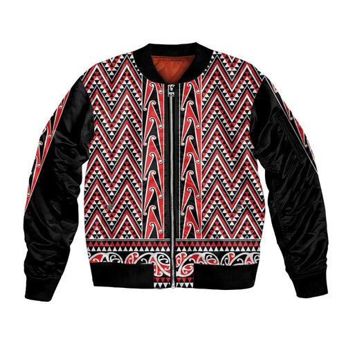 New Zealand Maori Niho Taniwha Sleeve Zip Bomber Jacket Whero Mangopare and Puhoro Pattern