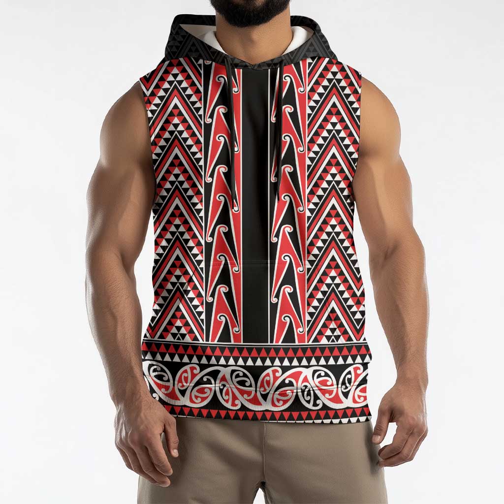 New Zealand Maori Niho Taniwha Sleeveless Hoodie Whero Mangopare and Puhoro Pattern - Aussie Hoodie