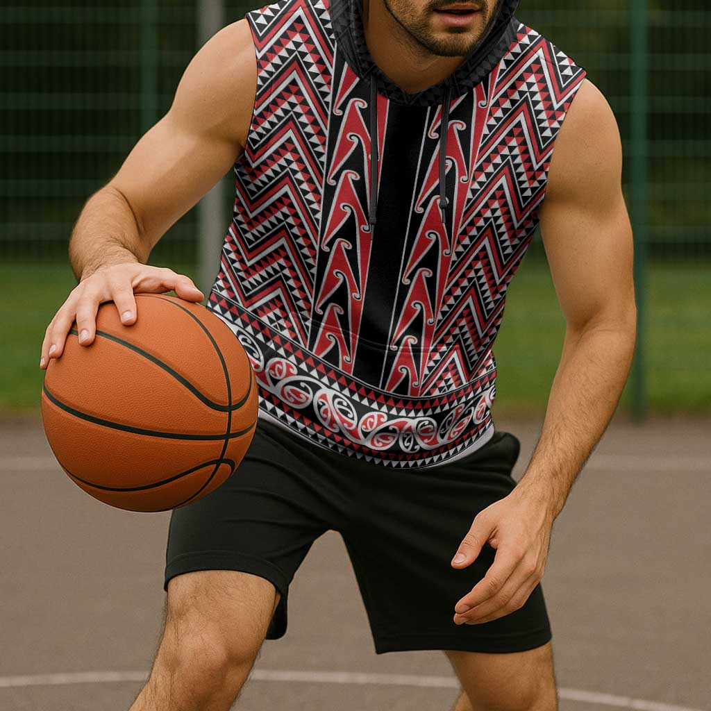 New Zealand Maori Niho Taniwha Sleeveless Hoodie Whero Mangopare and Puhoro Pattern - Aussie Hoodie