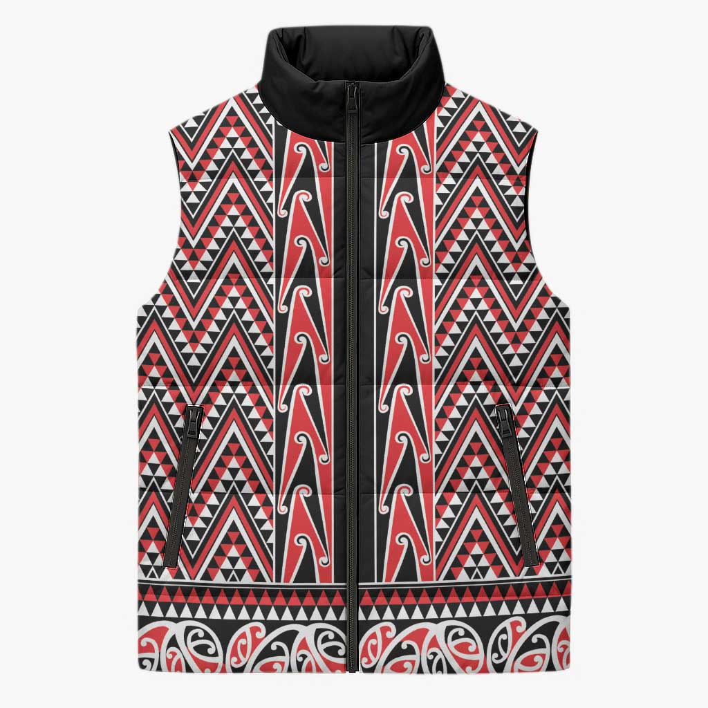 New Zealand Maori Niho Taniwha Sleeveless Puffer Jacket Whero Mangopare and Puhoro Pattern - Aussie Hoodie