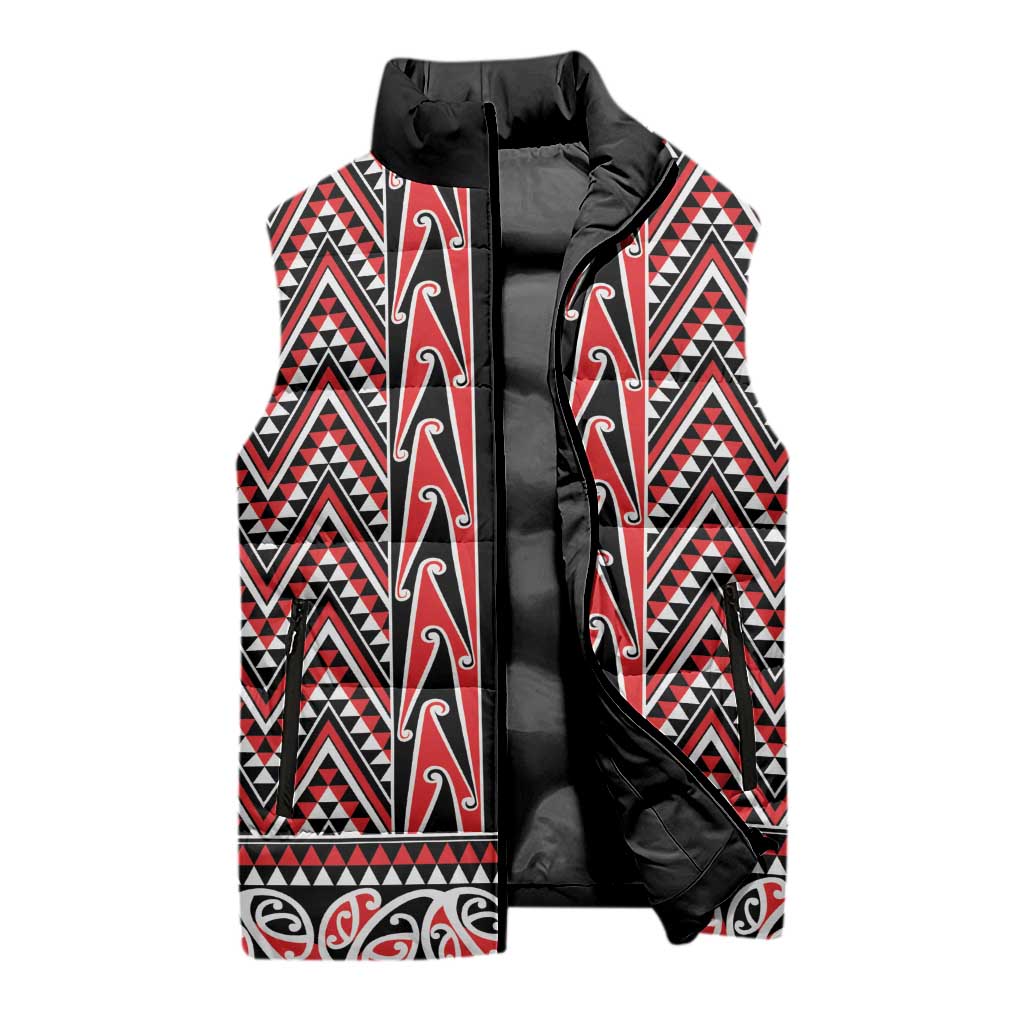 New Zealand Maori Niho Taniwha Sleeveless Puffer Jacket Whero Mangopare and Puhoro Pattern - Aussie Hoodie
