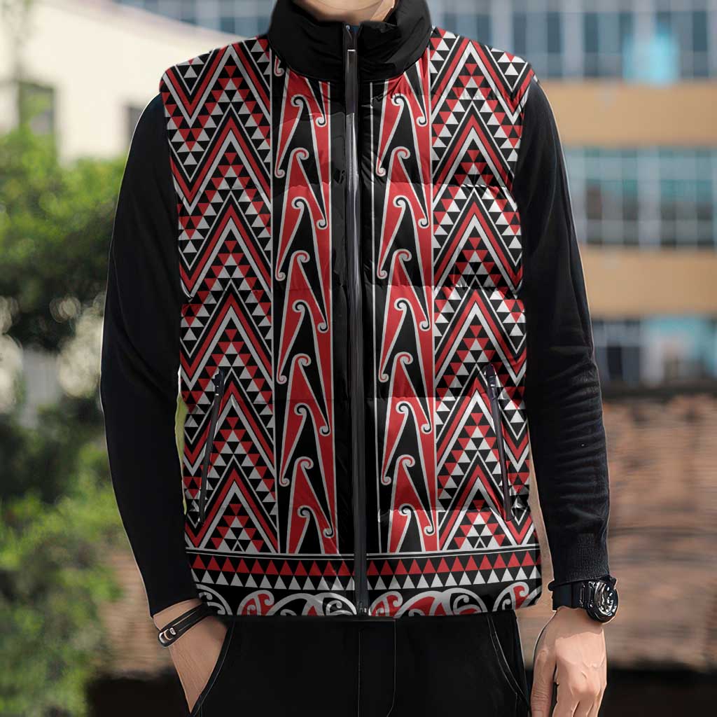 New Zealand Maori Niho Taniwha Sleeveless Puffer Jacket Whero Mangopare and Puhoro Pattern - Aussie Hoodie