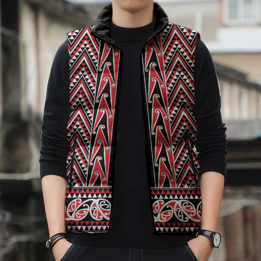 New Zealand Maori Niho Taniwha Sleeveless Puffer Jacket Whero Mangopare and Puhoro Pattern - Aussie Hoodie