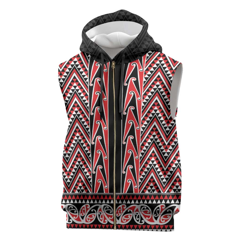 New Zealand Maori Niho Taniwha Sleeveless Zip Hoodie Whero Mangopare and Puhoro Pattern - Aussie Hoodie
