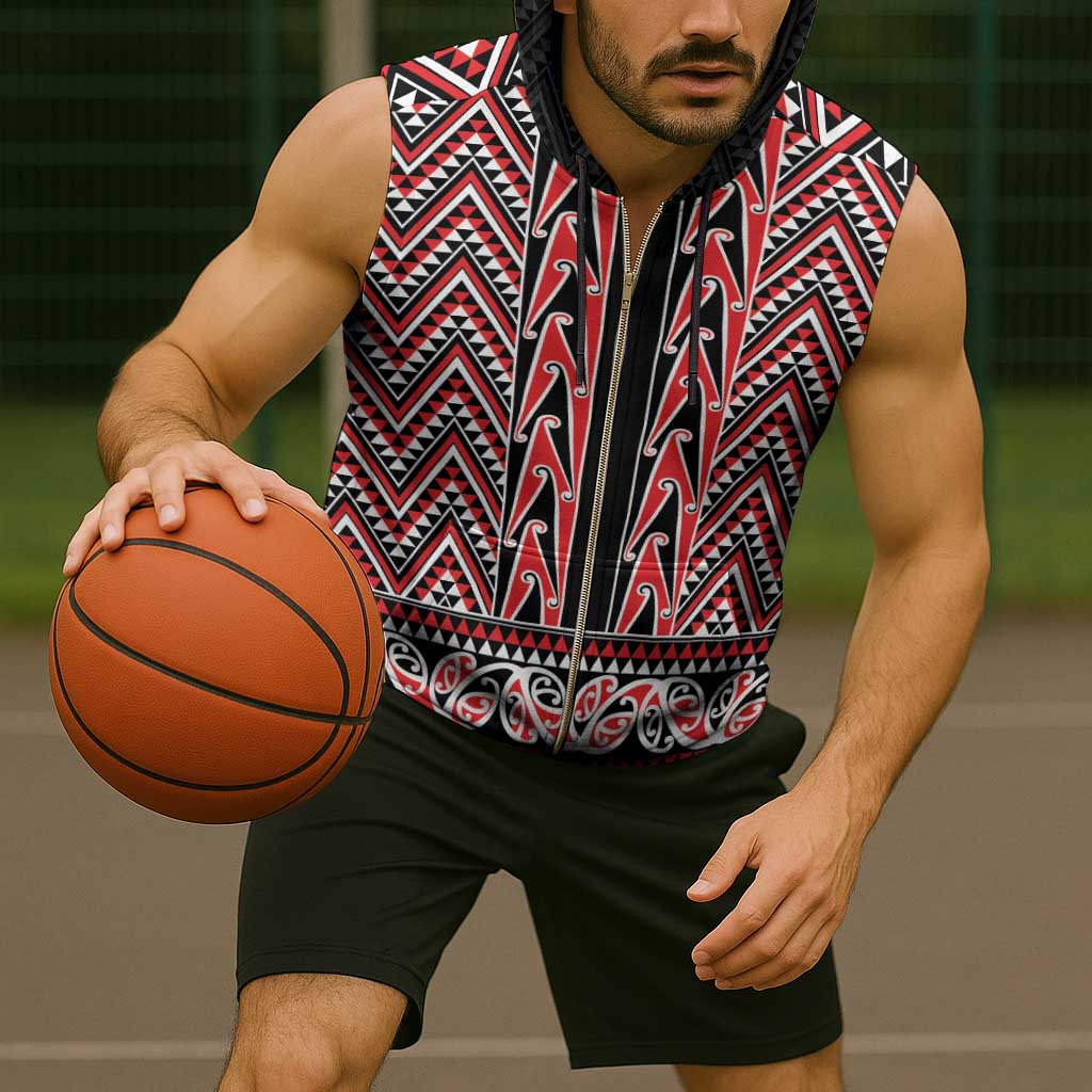 New Zealand Maori Niho Taniwha Sleeveless Zip Hoodie Whero Mangopare and Puhoro Pattern - Aussie Hoodie
