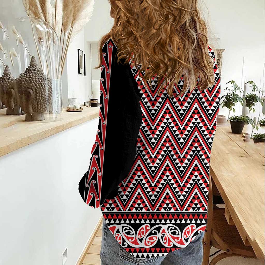 New Zealand Maori Niho Taniwha Women Casual Shirt Whero Mangopare and Puhoro Pattern