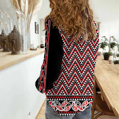 New Zealand Maori Niho Taniwha Women Casual Shirt Whero Mangopare and Puhoro Pattern
