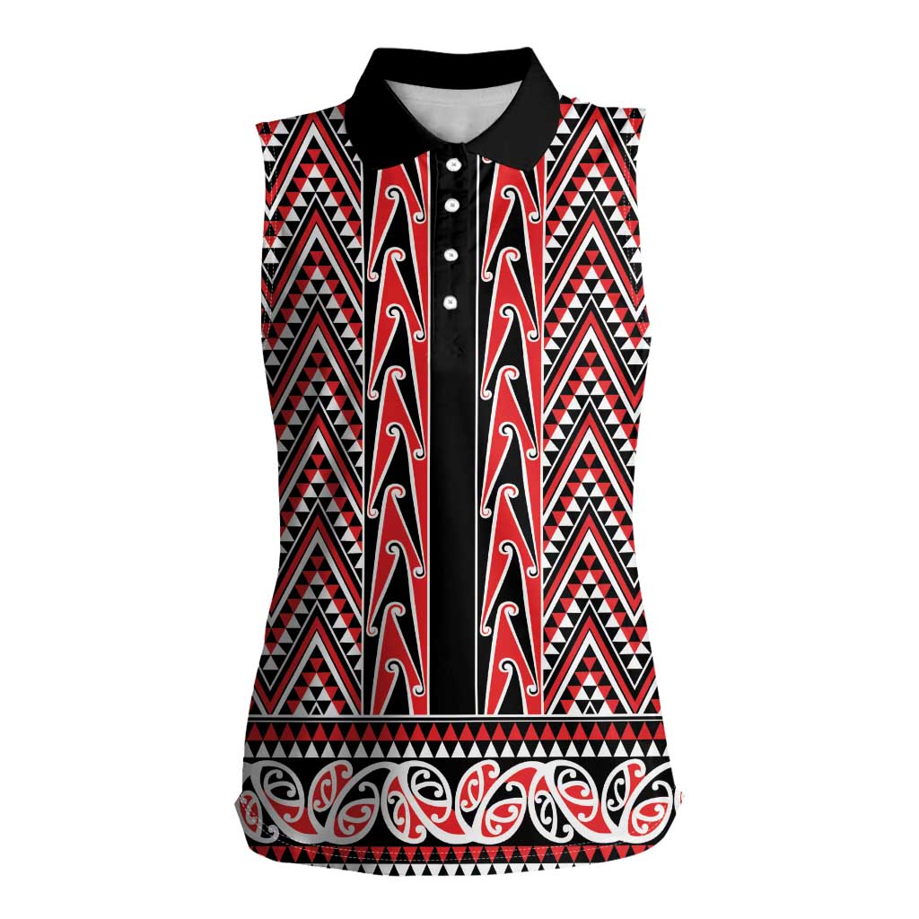 New Zealand Maori Niho Taniwha Women Sleeveless Polo Shirt Whero Mangopare and Puhoro Pattern