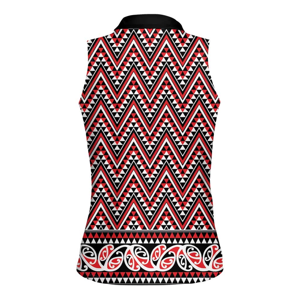 New Zealand Maori Niho Taniwha Women Sleeveless Polo Shirt Whero Mangopare and Puhoro Pattern