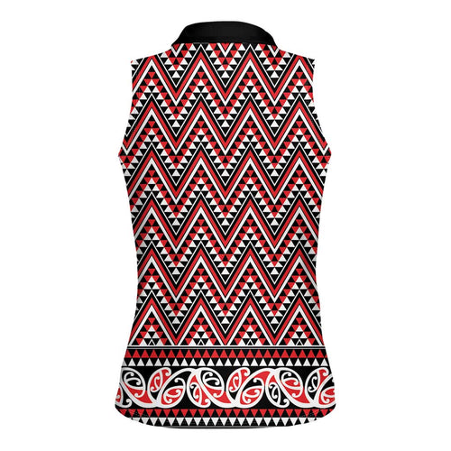 New Zealand Maori Niho Taniwha Women Sleeveless Polo Shirt Whero Mangopare and Puhoro Pattern