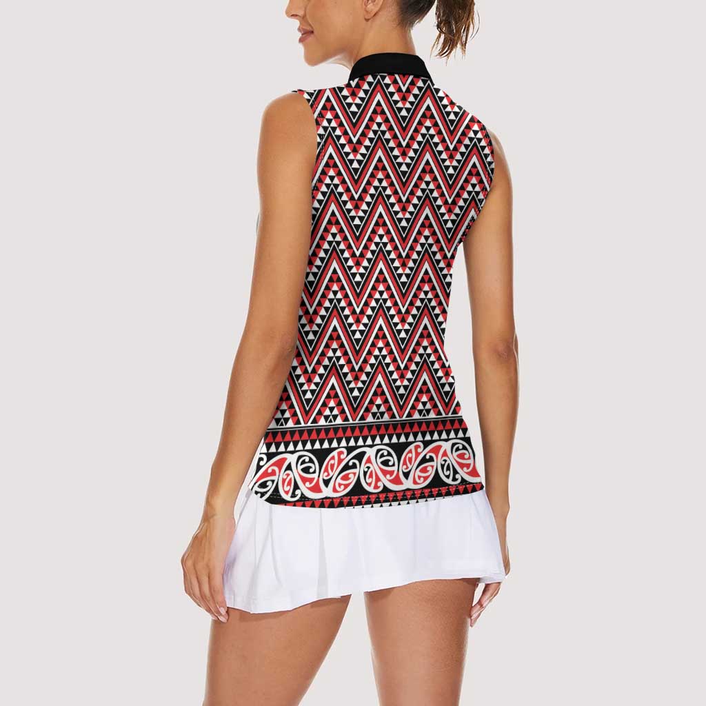 New Zealand Maori Niho Taniwha Women Sleeveless Polo Shirt Whero Mangopare and Puhoro Pattern