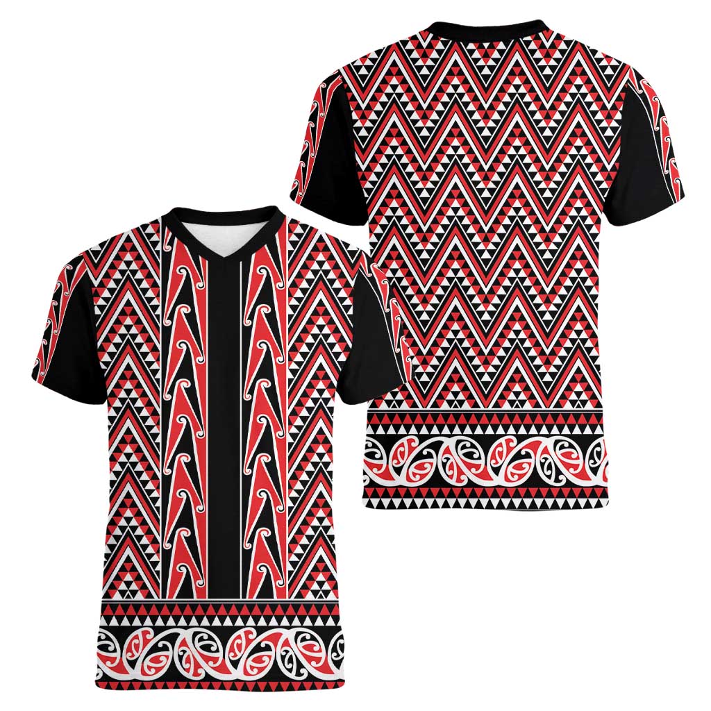 New Zealand Maori Niho Taniwha Women V-Neck T-Shirt Whero Mangopare and Puhoro Pattern