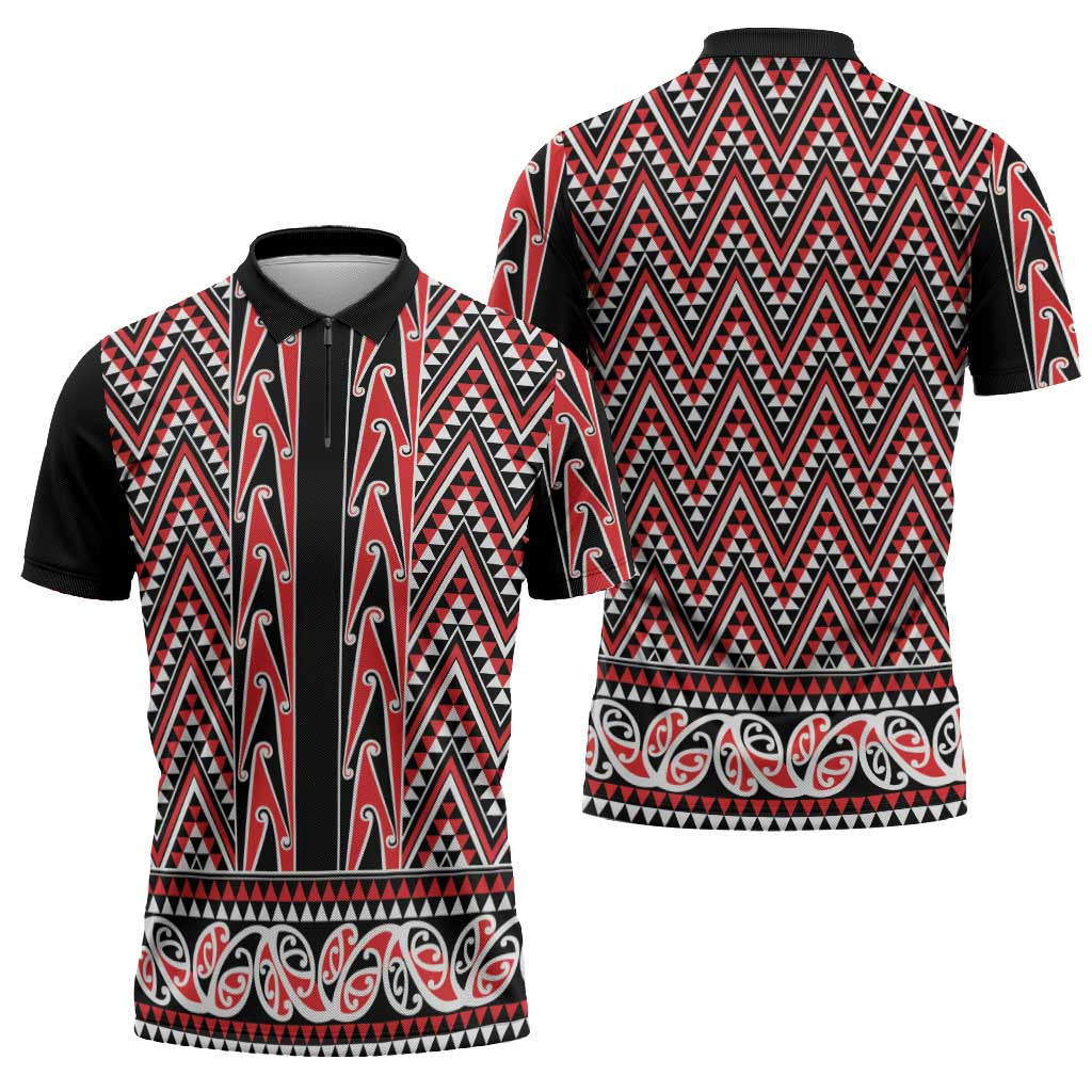 New Zealand Maori Niho Taniwha Zipper Polo Shirt Whero Mangopare and Puhoro Pattern - Aussie Hoodie
