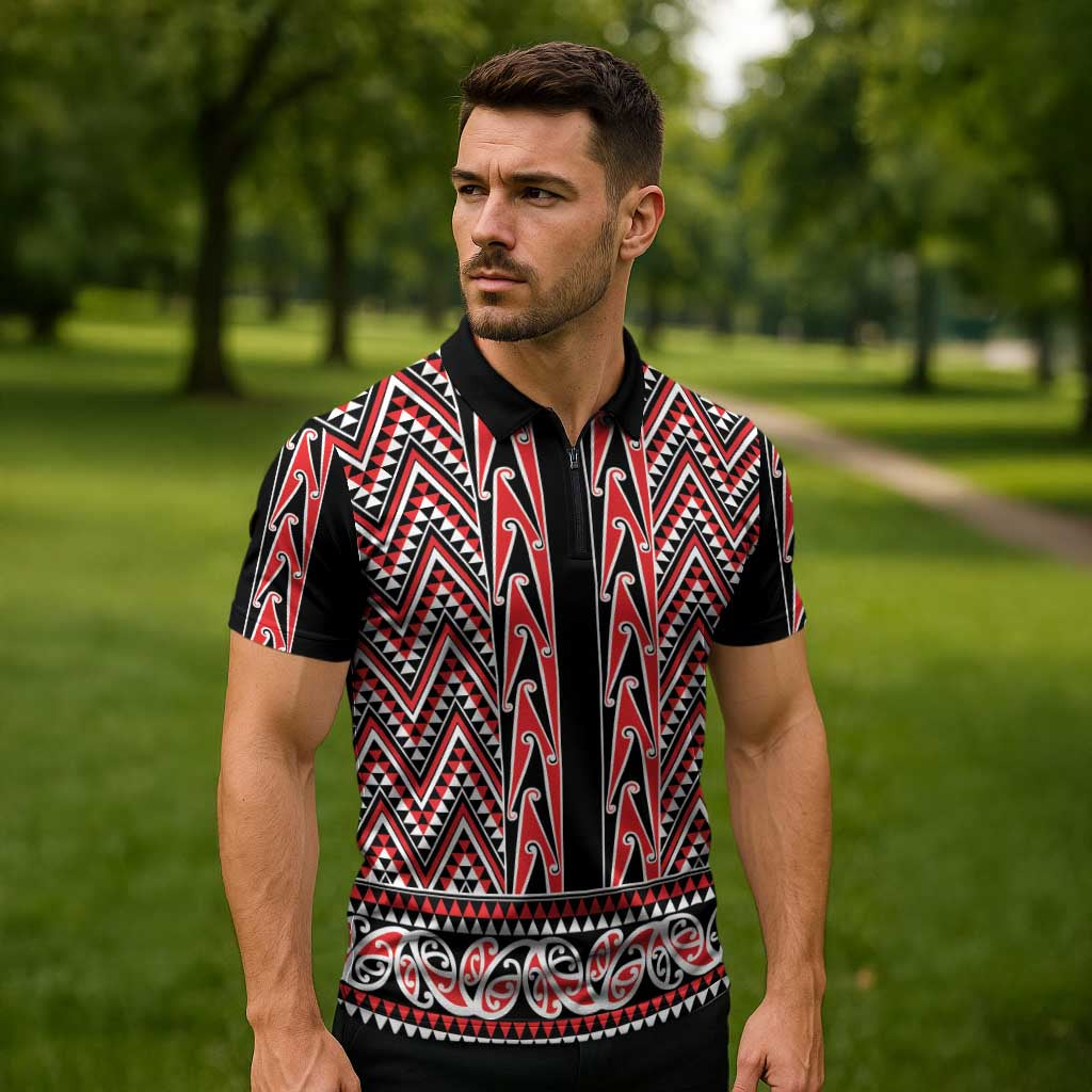 New Zealand Maori Niho Taniwha Zipper Polo Shirt Whero Mangopare and Puhoro Pattern - Aussie Hoodie