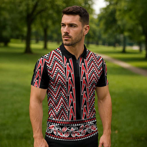 New Zealand Maori Niho Taniwha Zipper Polo Shirt Whero Mangopare and Puhoro Pattern - Aussie Hoodie