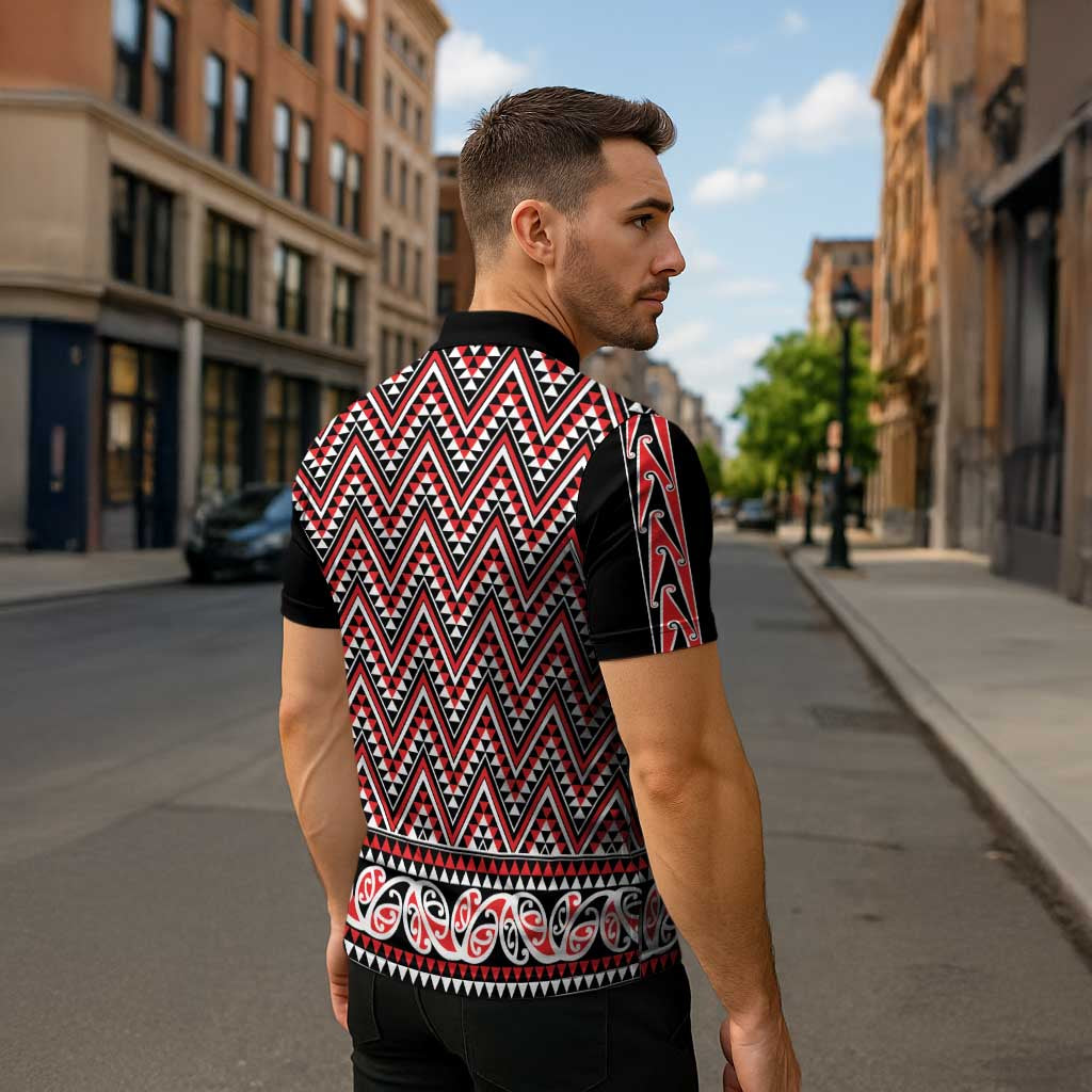 New Zealand Maori Niho Taniwha Zipper Polo Shirt Whero Mangopare and Puhoro Pattern - Aussie Hoodie