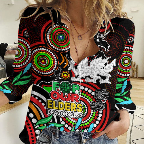 Custom Dragons Rugby Aboriginal Art Women Casual Shirt NAIDOC Indigenous Tribal LT9
