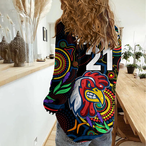 Custom Roosters Rugby Aboriginal Art Women Casual Shirt NAIDOC Indigenous Tribal LT9