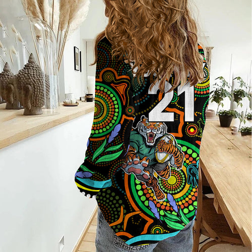 Custom Tigers Rugby Aboriginal Art Women Casual Shirt NAIDOC Indigenous Tribal LT9