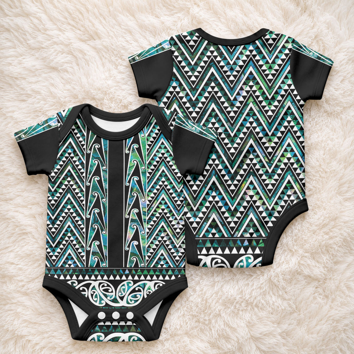 New Zealand Maori Niho Taniwha Baby Onesie Papua Shell - Mangopare Puhoro Pattern