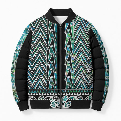New Zealand Maori Niho Taniwha Bomber Puffer Jacket Papua Shell - Mangopare Puhoro Pattern