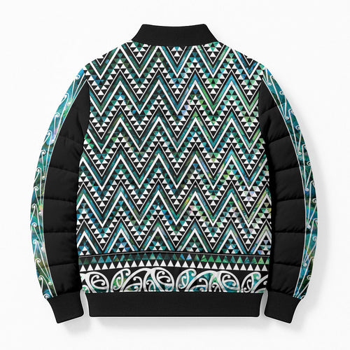 New Zealand Maori Niho Taniwha Bomber Puffer Jacket Papua Shell - Mangopare Puhoro Pattern