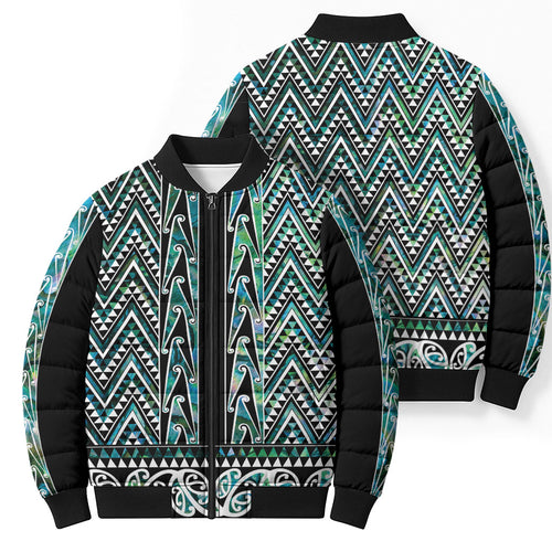New Zealand Maori Niho Taniwha Bomber Puffer Jacket Papua Shell - Mangopare Puhoro Pattern