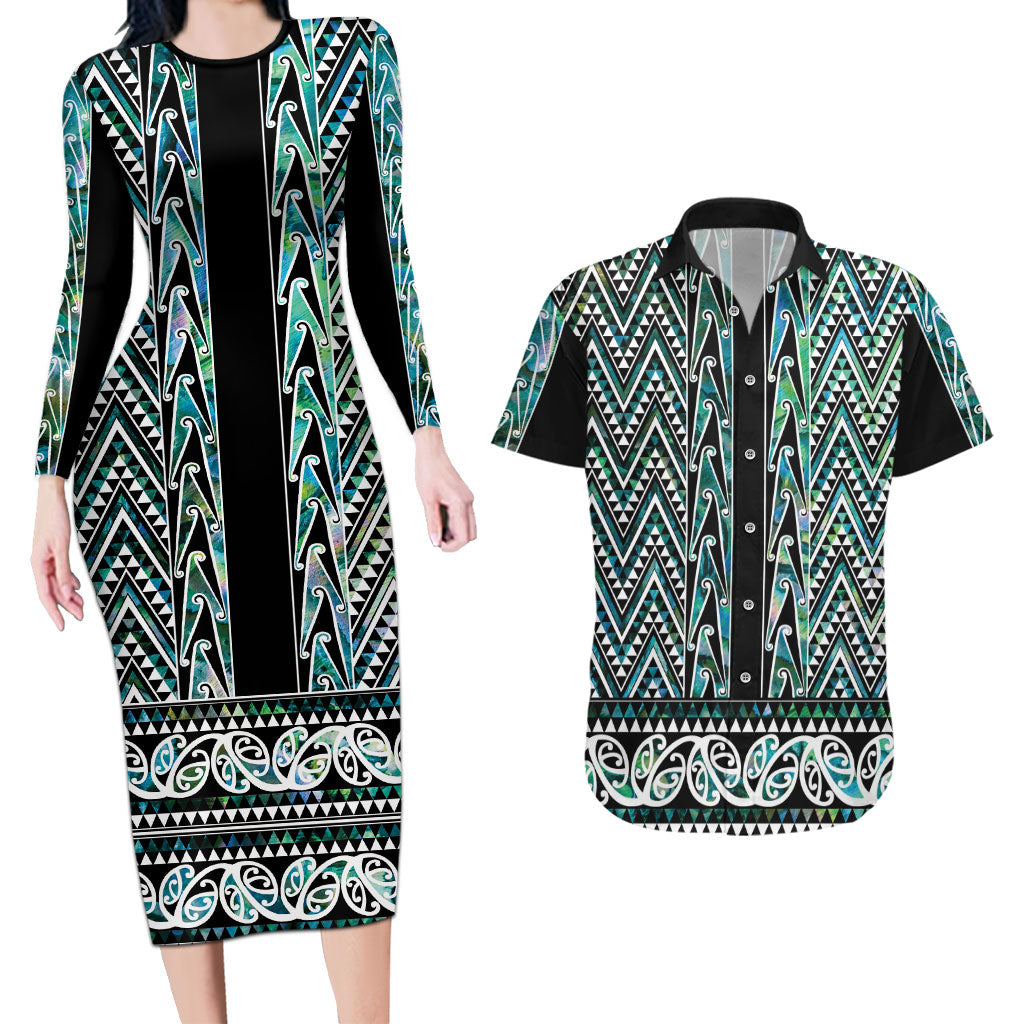 New Zealand Maori Niho Taniwha Couples Matching Long Sleeve Bodycon Dress and Hawaiian Shirt Papua Shell - Mangopare Puhoro Pattern