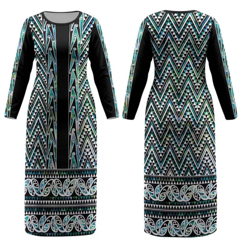 New Zealand Maori Niho Taniwha Couples Matching Long Sleeve Bodycon Dress and Hawaiian Shirt Papua Shell - Mangopare Puhoro Pattern LT9