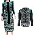 New Zealand Maori Niho Taniwha Couples Matching Long Sleeve Bodycon Dress and Long Sleeve Button Shirt Papua Shell - Mangopare Puhoro Pattern