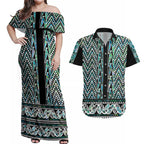 New Zealand Maori Niho Taniwha Couples Matching Off Shoulder Maxi Dress and Hawaiian Shirt Papua Shell - Mangopare Puhoro Pattern