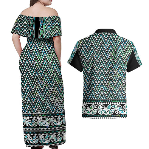 New Zealand Maori Niho Taniwha Couples Matching Off Shoulder Maxi Dress and Hawaiian Shirt Papua Shell - Mangopare Puhoro Pattern