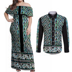 New Zealand Maori Niho Taniwha Couples Matching Off Shoulder Maxi Dress and Long Sleeve Button Shirt Papua Shell - Mangopare Puhoro Pattern
