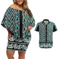 New Zealand Maori Niho Taniwha Couples Matching Off Shoulder Short Dress and Hawaiian Shirt Papua Shell - Mangopare Puhoro Pattern