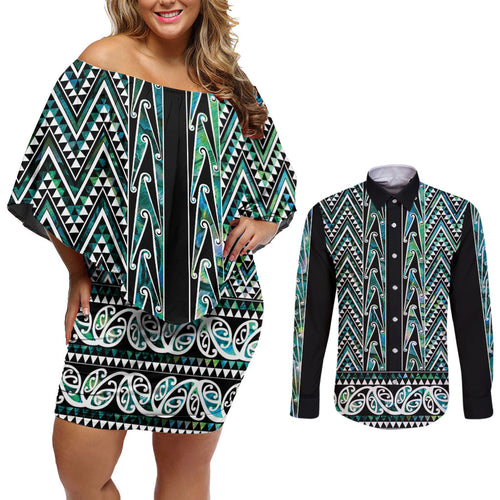 New Zealand Maori Niho Taniwha Couples Matching Off Shoulder Short Dress and Long Sleeve Button Shirt Papua Shell - Mangopare Puhoro Pattern