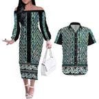 New Zealand Maori Niho Taniwha Couples Matching Off The Shoulder Long Sleeve Dress and Hawaiian Shirt Papua Shell - Mangopare Puhoro Pattern