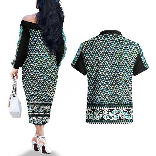 New Zealand Maori Niho Taniwha Couples Matching Off The Shoulder Long Sleeve Dress and Hawaiian Shirt Papua Shell - Mangopare Puhoro Pattern