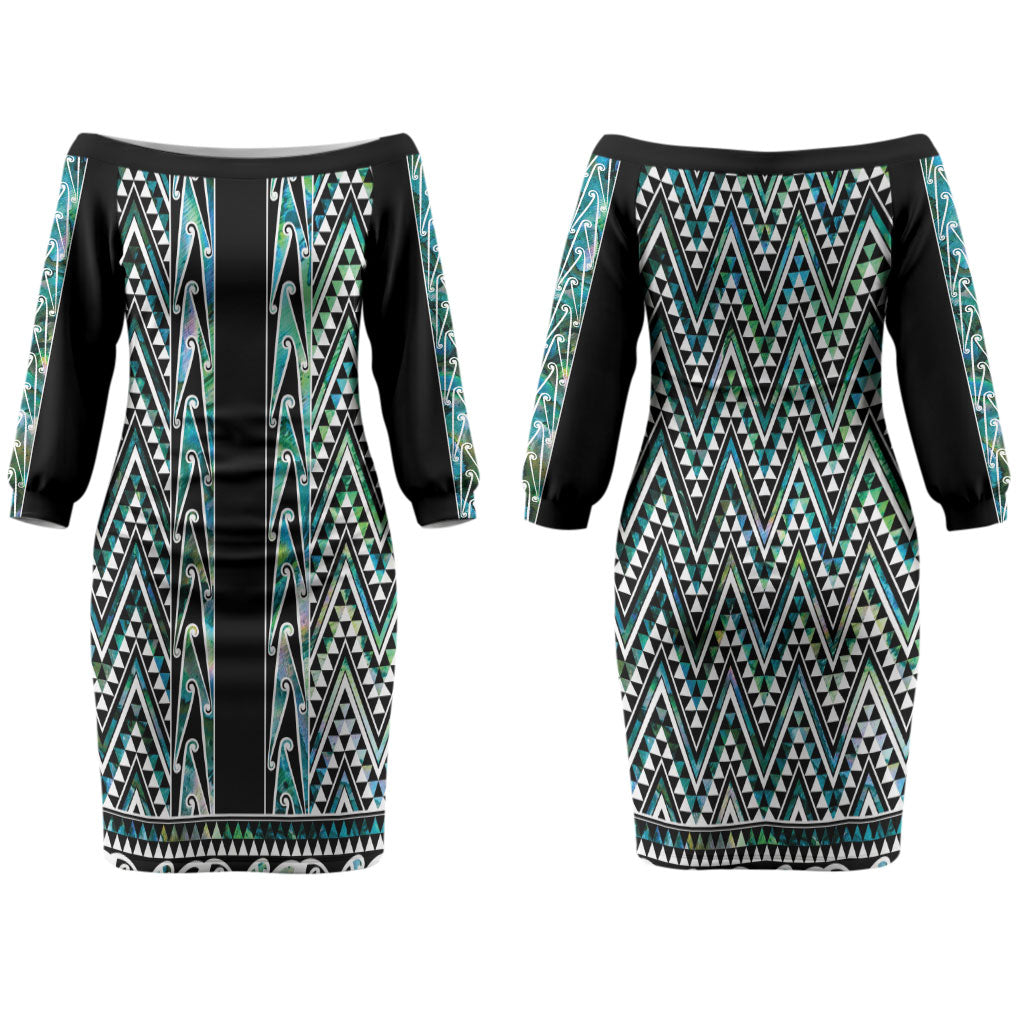 New Zealand Maori Niho Taniwha Couples Matching Off The Shoulder Long Sleeve Dress and Long Sleeve Button Shirt Papua Shell - Mangopare Puhoro Pattern LT9
