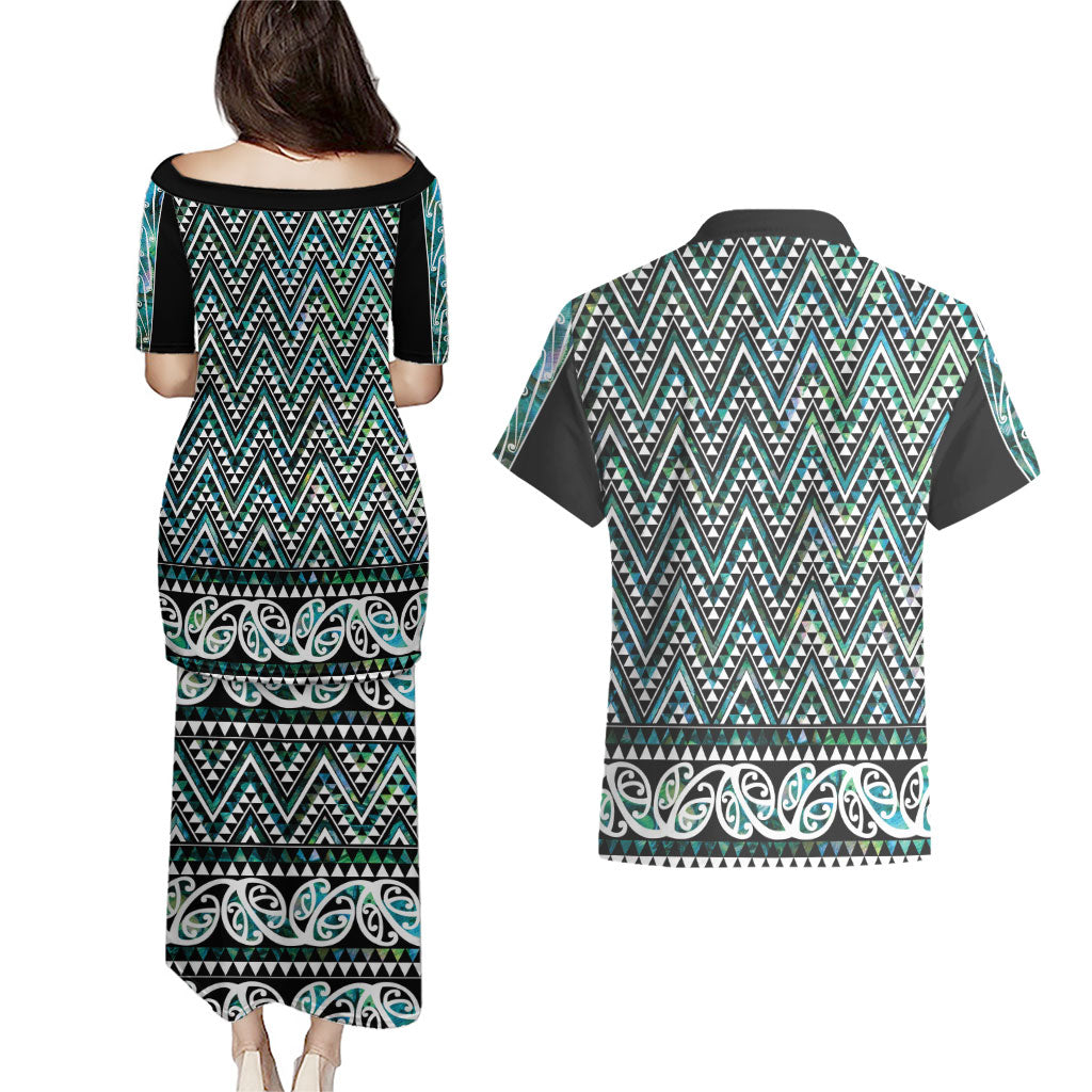 New Zealand Maori Niho Taniwha Couples Matching Puletasi and Hawaiian Shirt Papua Shell - Mangopare Puhoro Pattern