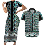 New Zealand Maori Niho Taniwha Couples Matching Short Sleeve Bodycon Dress and Hawaiian Shirt Papua Shell - Mangopare Puhoro Pattern