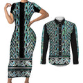 New Zealand Maori Niho Taniwha Couples Matching Short Sleeve Bodycon Dress and Long Sleeve Button Shirt Papua Shell - Mangopare Puhoro Pattern