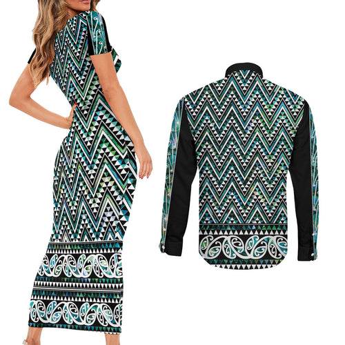 New Zealand Maori Niho Taniwha Couples Matching Short Sleeve Bodycon Dress and Long Sleeve Button Shirt Papua Shell - Mangopare Puhoro Pattern