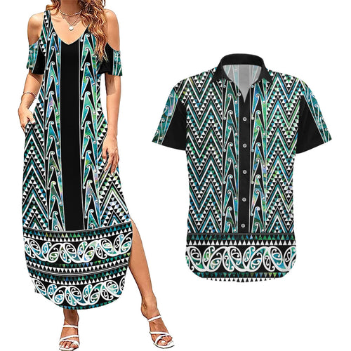 New Zealand Maori Niho Taniwha Couples Matching Summer Maxi Dress and Hawaiian Shirt Papua Shell - Mangopare Puhoro Pattern
