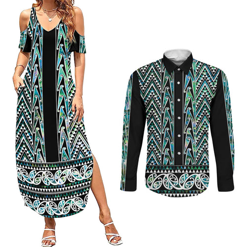 New Zealand Maori Niho Taniwha Couples Matching Summer Maxi Dress and Long Sleeve Button Shirt Papua Shell - Mangopare Puhoro Pattern