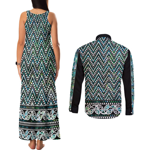New Zealand Maori Niho Taniwha Couples Matching Tank Maxi Dress and Long Sleeve Button Shirt Papua Shell - Mangopare Puhoro Pattern