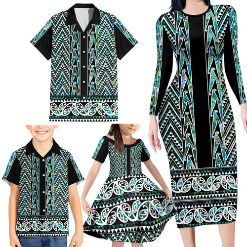 New Zealand Maori Niho Taniwha Family Matching Long Sleeve Bodycon Dress and Hawaiian Shirt Papua Shell - Mangopare Puhoro Pattern