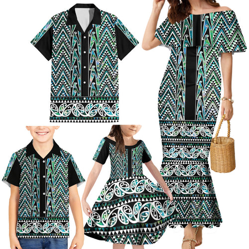 New Zealand Maori Niho Taniwha Family Matching Mermaid Dress and Hawaiian Shirt Papua Shell - Mangopare Puhoro Pattern