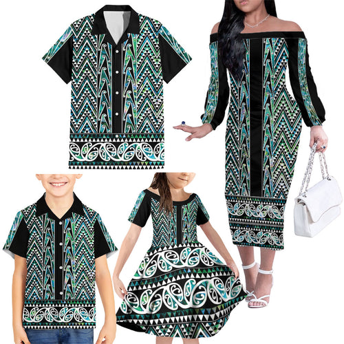 New Zealand Maori Niho Taniwha Family Matching Off The Shoulder Long Sleeve Dress and Hawaiian Shirt Papua Shell - Mangopare Puhoro Pattern