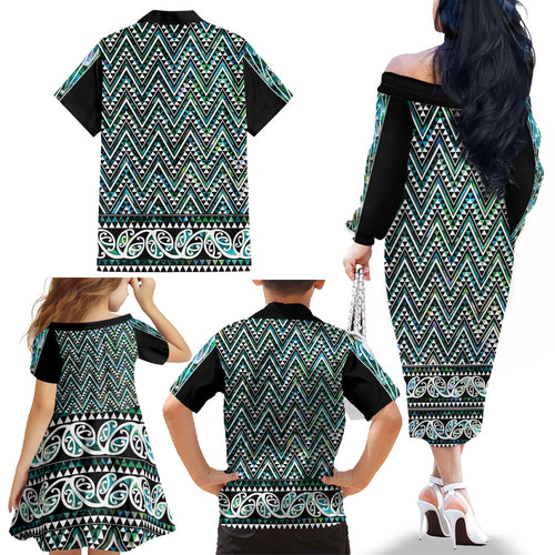 New Zealand Maori Niho Taniwha Family Matching Off The Shoulder Long Sleeve Dress and Hawaiian Shirt Papua Shell - Mangopare Puhoro Pattern